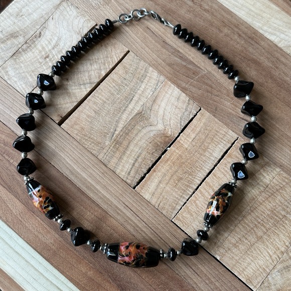 Vintage Artisan Beaded Necklace 18 Inch Black Onyx Art Glass 925 Sterling 60.8g - Picture 5 of 13